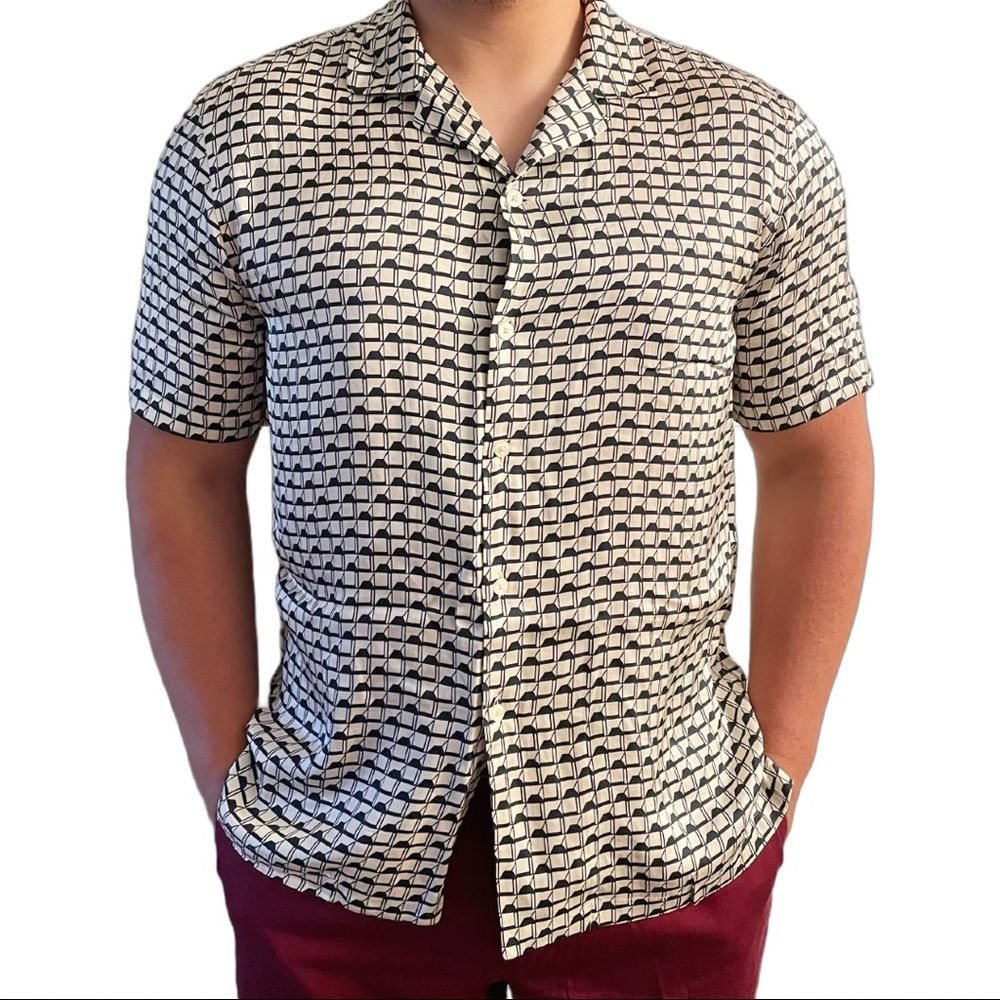 zara blue retro geometric print button down shirt